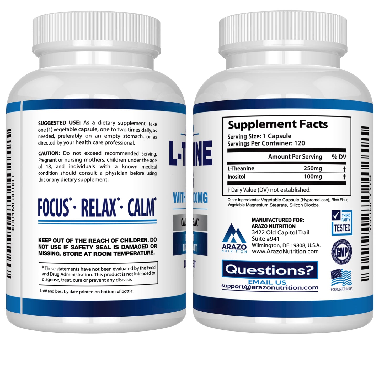 Arazo Nutrition L-Theanine 250mg Extra Strength with Inositol 100mg – 120 Vegetarian Capsules (Pack of 2)