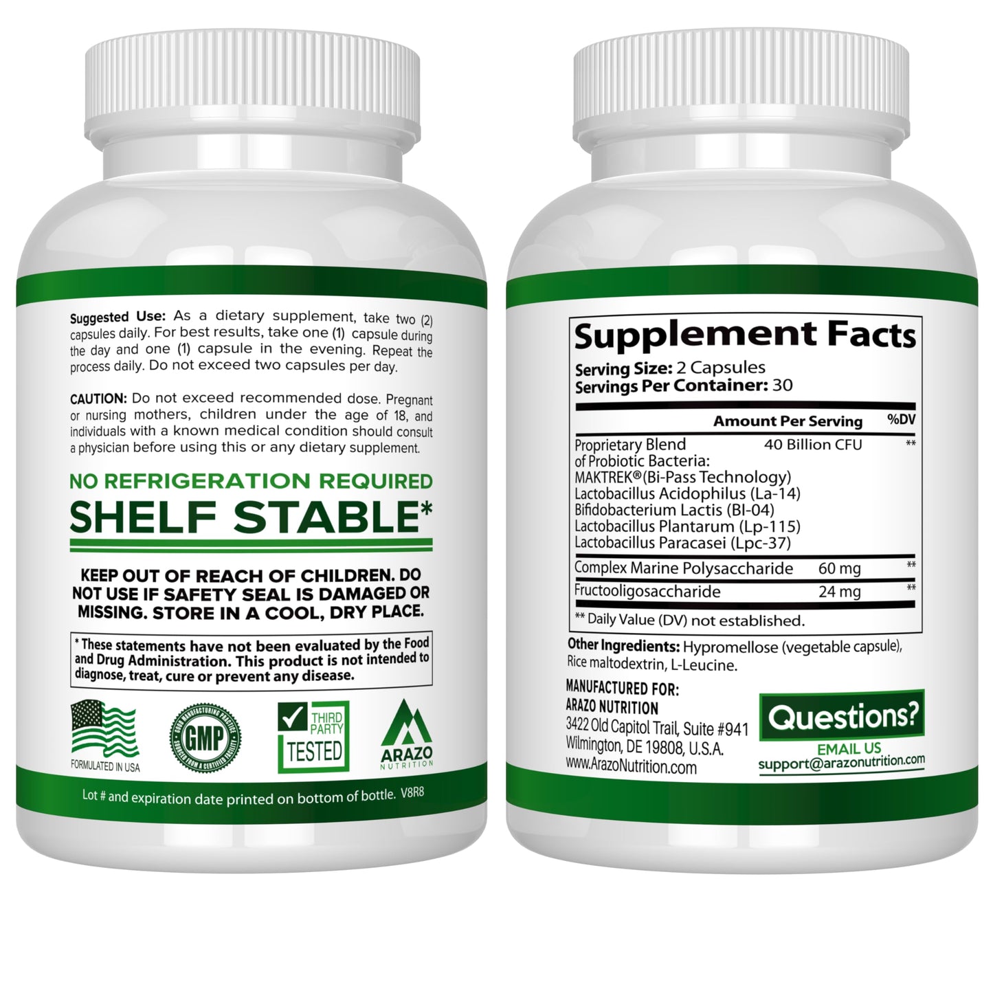 Arazo Nutrition Probiotic 40B CFU - Time-Release & Shelf-Stable (2 Pack)