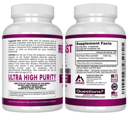 Arazo Nutrition Red Yeast Rice Extract 1200 MG – Citrinin Free, Vegetarian, 120 Capsules (Pack of 2)