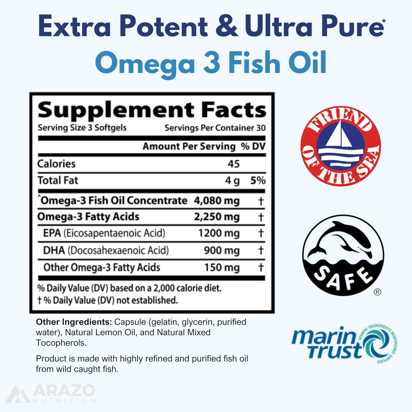 Arazo Nutrition Wild Caught Omega-3 Fish Oil – 90 Soft Gels (4080 mg) Lemon Burpless