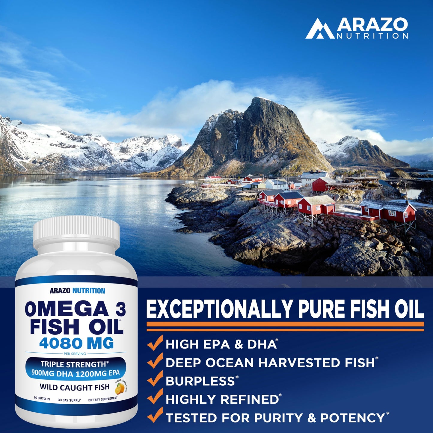 Arazo Nutrition Wild Caught Omega-3 Fish Oil – 90 Soft Gels (4080 mg) Lemon Burpless