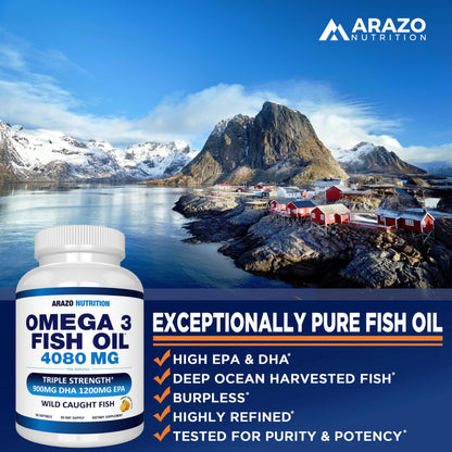 Arazo Nutrition Wild Caught Omega-3 Fish Oil – 90 Soft Gels (4080 mg) Lemon Burpless