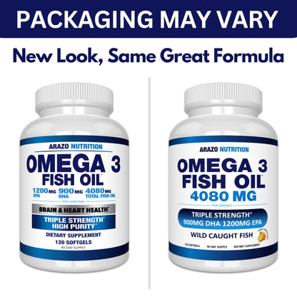 Arazo Nutrition Wild Caught Omega-3 Fish Oil – 120 Soft Gels, High EPA & DHA, Lemon Burpless