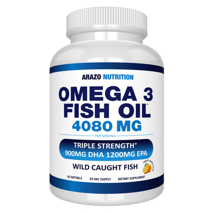 Arazo Nutrition Wild Caught Omega-3 Fish Oil – 60 Soft Gels | High EPA 1200mg, DHA 900mg | Lemon Burpless