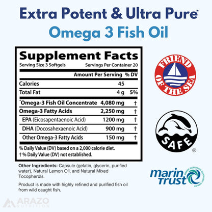 Arazo Nutrition Wild Caught Omega-3 Fish Oil – 60 Soft Gels | High EPA 1200mg, DHA 900mg | Lemon Burpless