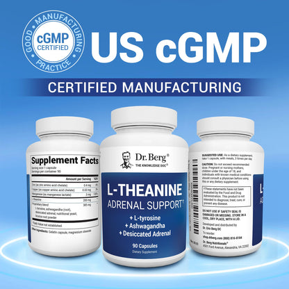 Dr. Berg L-Theanine 200mg - Adrenal Support, Stress Relief & Mental Clarity - 90 Gelatin Capsules