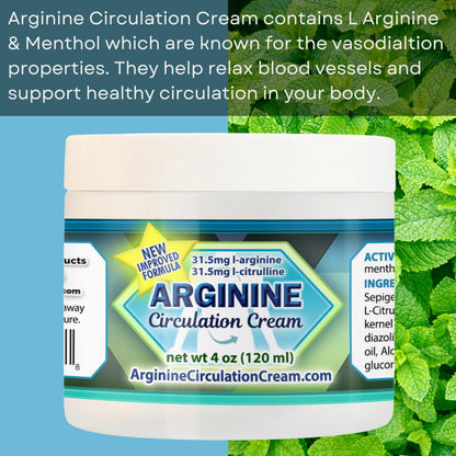 Arginine Circulation Cream 4 oz - Menthol, L Arginine & L Citrulline Lotion | Supports Healthy Leg & Body Blood Flow