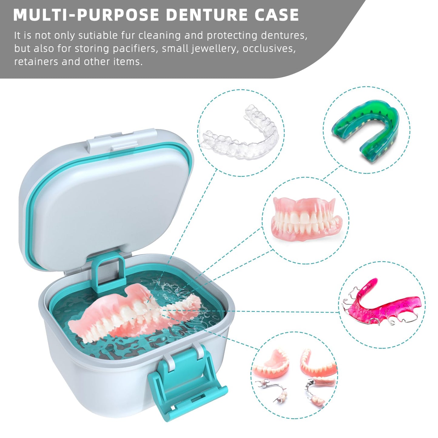 ARGOMAX Leak Proof Denture Bath Cup – White + Cyan, Portable Case
