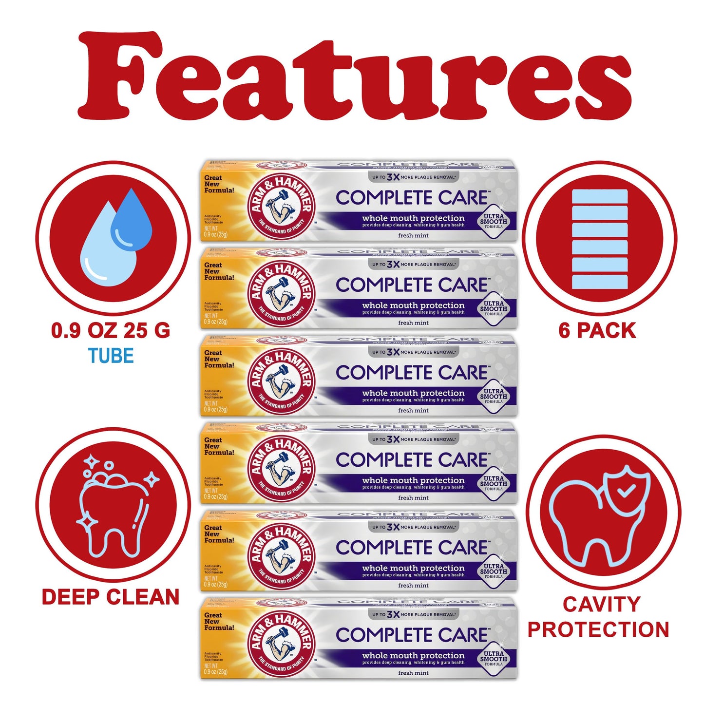 ARM & HAMMER Complete Care Toothpaste - Whole Mouth Protection 6 Pack, Fresh Mint, Travel Size 0.9 oz