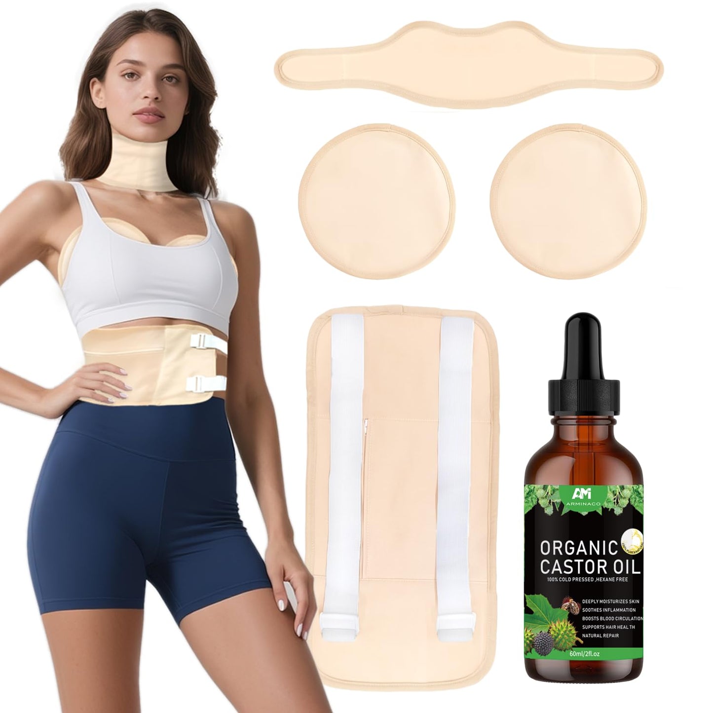 ARMINACO Castor Oil Pack Kit for Women & Beginners – 4 Reusable Wraps, 60ml Organic Oil, MagicSeal Leakproof Design