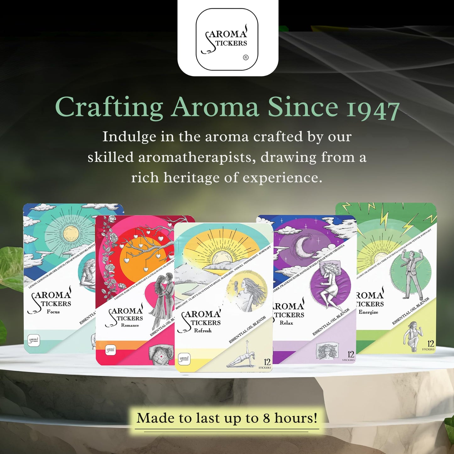 AROMA STICKERS Original Blend Edition – 60 Natural Diffuser Stickers (5 Blends, 12 Each)