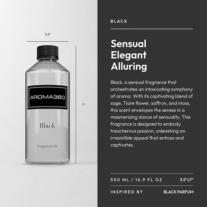 Aroma360 Black Diffuser Oil Blend | Luxury Essential Aromatherapy for Reed Diffusers | Sage, Tiaré Flower & Saffron | 16.9 oz (500 mL)