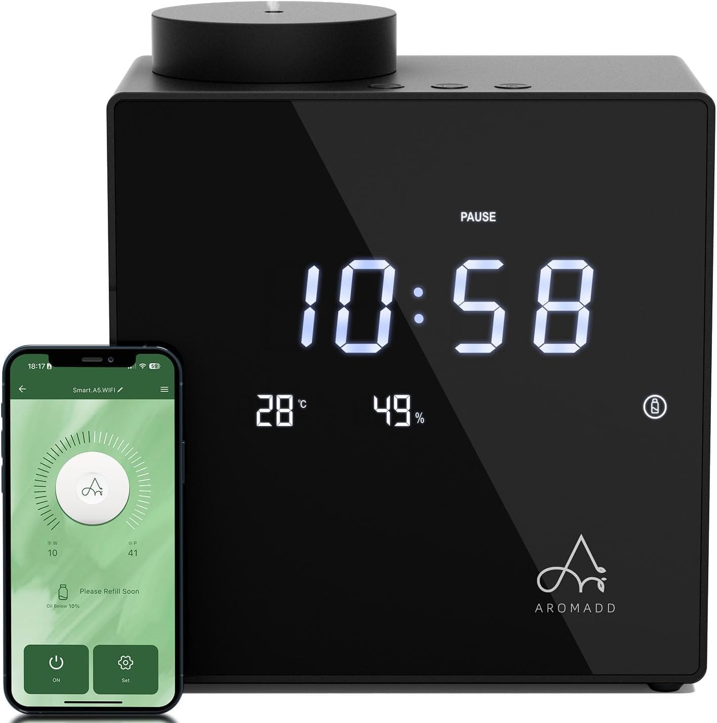 Aromadd 2026 Smart Waterless Diffuser – 2000 Sq Ft, Clock & Environment Display (Black)