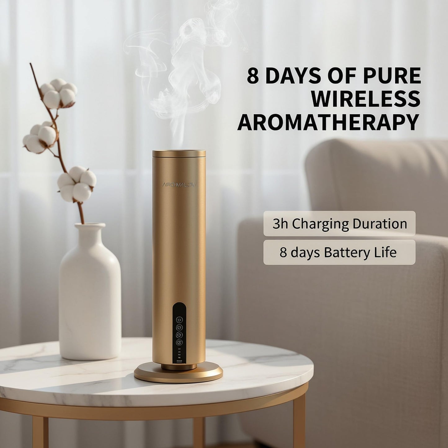 AROMALEV Waterless Diffuser – Wireless, Bluetooth App Control, 1200 sq ft Coverage (Gold)