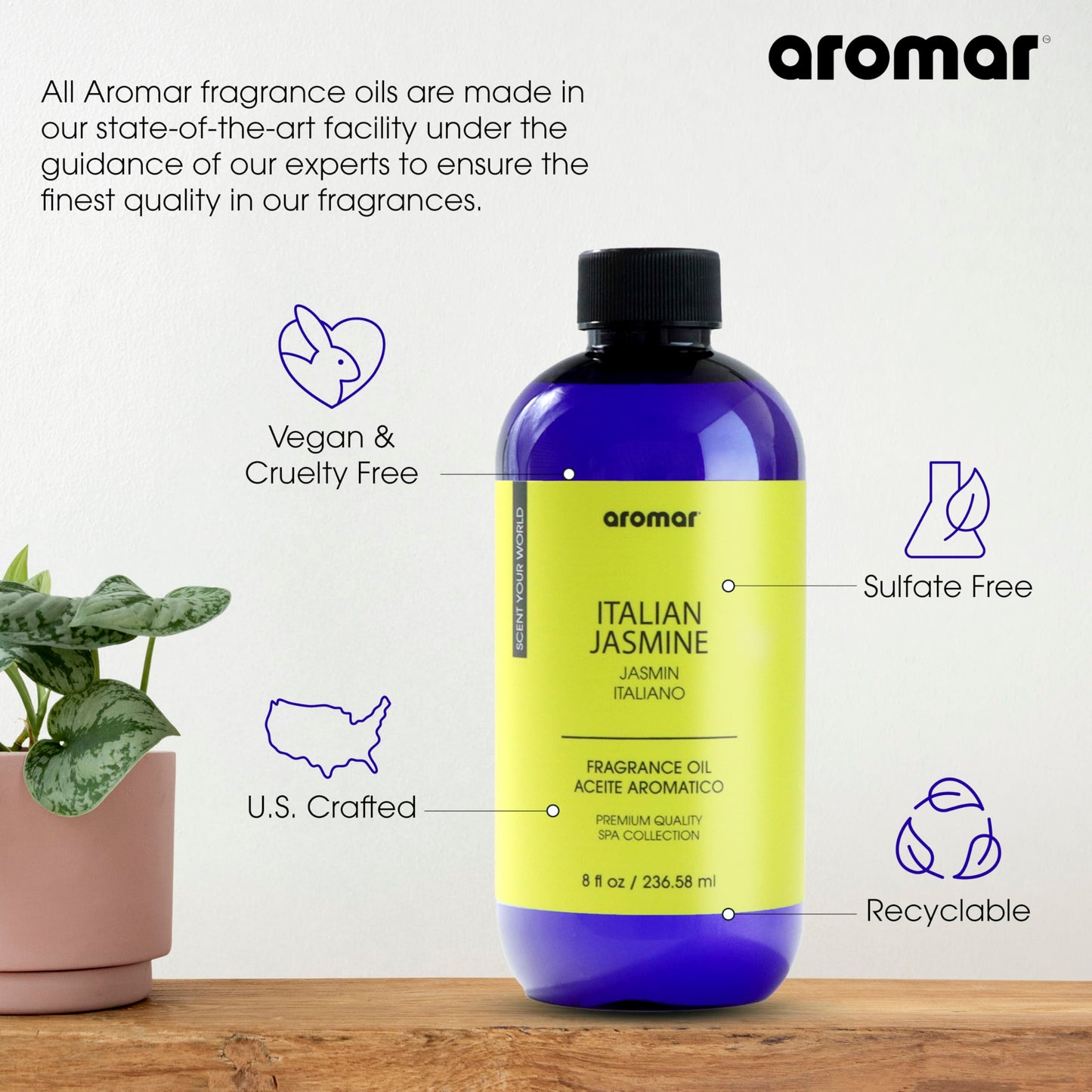 AROMAR Premium Fragrance Oil - Italian Jasmine (8oz) for Diffusers & Home Aromatherapy