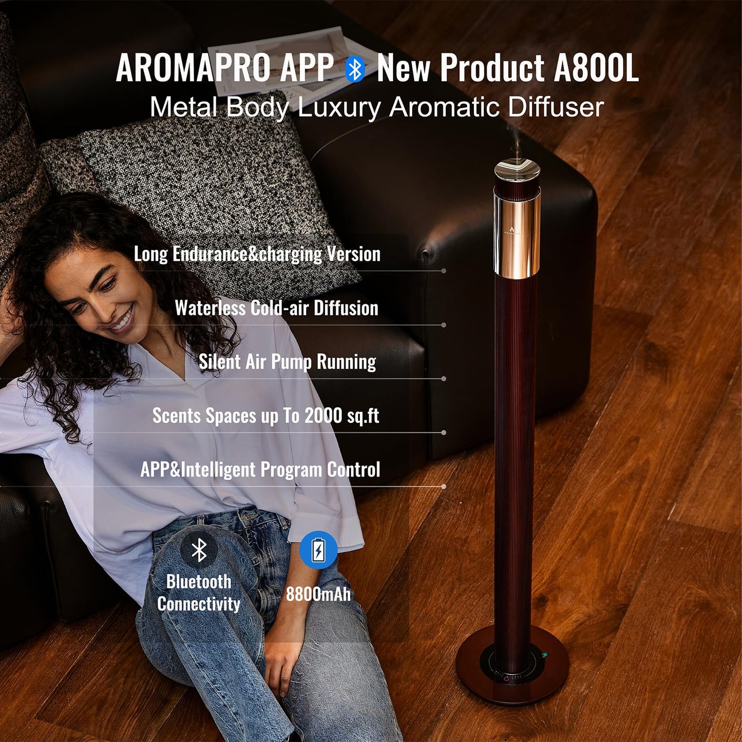 AROMASOUL 40-Inch Waterless Diffuser | Luxury Hotel-Grade, Cordless, App-Controlled, 2000 sq ft