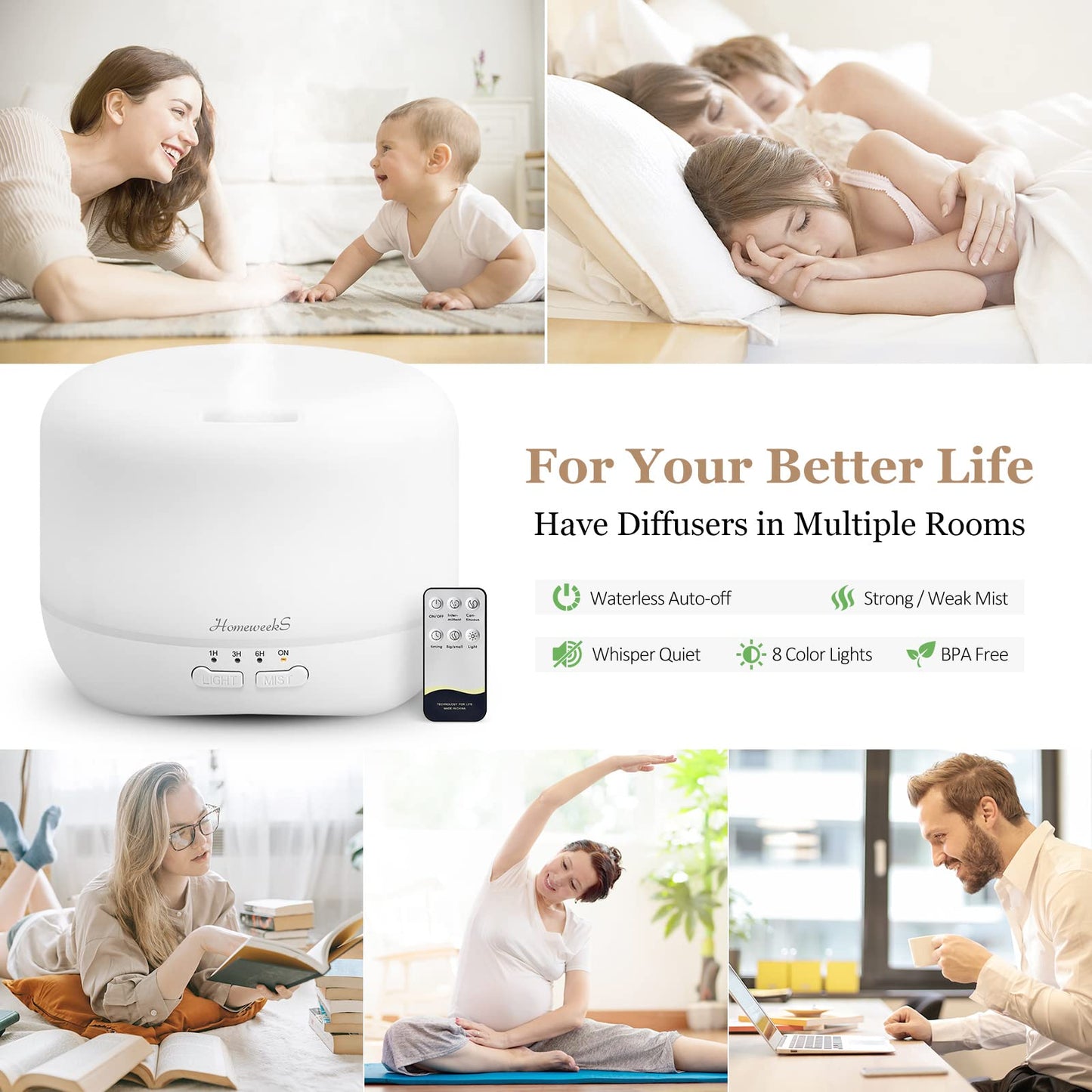 Aromatherapy Diffuser 500ml White – Adjustable Cool Mist & Auto-Off Humidifier for Large Rooms