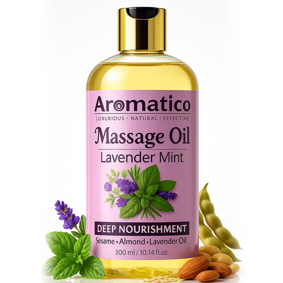 AROMATICO Lavender Mint Massage Oil – Sesame, Almond & Jojoba Oils, 10 oz