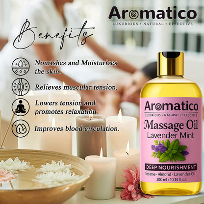 AROMATICO Lavender Mint Massage Oil – Sesame, Almond & Jojoba Oils, 10 oz