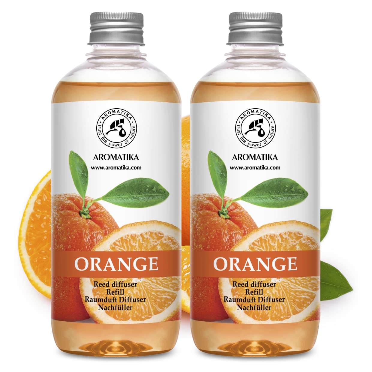 AROMATIKA Orange Room Diffuser Refill Set — 2 x 17 fl oz Orange Essential Oil for Aromatherapy & Home Fragrance