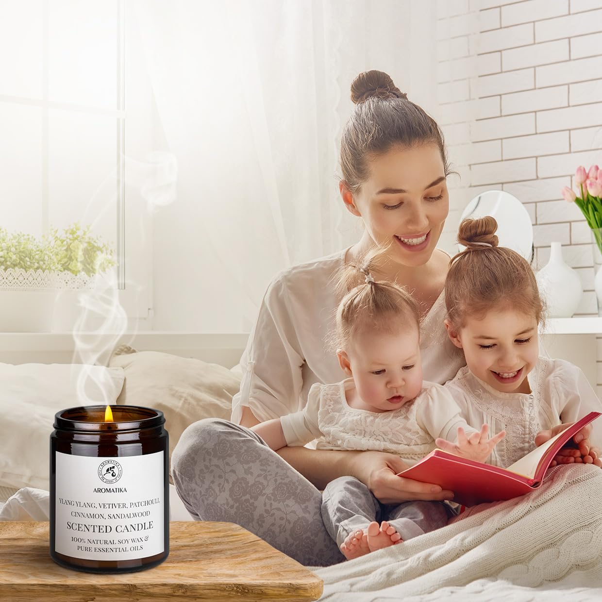 AROMATIKA Scented Soy Candle with Essential Oils – Ylang-ylang, Vetiver, Patchouli, Cinnamon & Sandalwood | 150g, 45h Burn