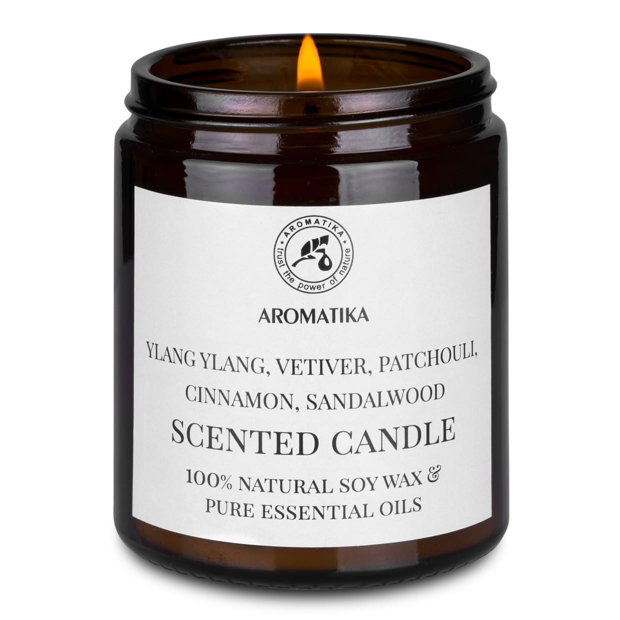 AROMATIKA Scented Soy Candle with Essential Oils – Ylang-ylang, Vetiver, Patchouli, Cinnamon & Sandalwood | 150g, 45h Burn