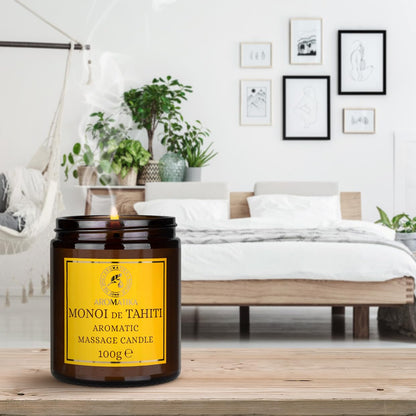 AROMATIKA Scented Massage Candle Monoi de Tahiti – Soy Wax, Coconut & Almond Oils, 3.5 oz