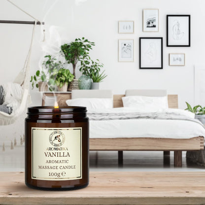 AROMATIKA Scented Massage Candle Vanilla – Relaxing 3.5oz Soy Candle with Coconut & Almond Oils