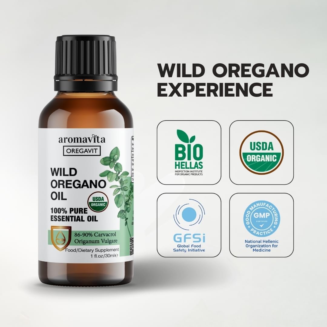 AROMAVITA Wild Oregano Oil Organic – 100% Pure Undiluted Oil with 86-90% Carvacrol | Immune Support | Vegan, Non-GMO, Gluten Free | 1 fl oz / 30 ml