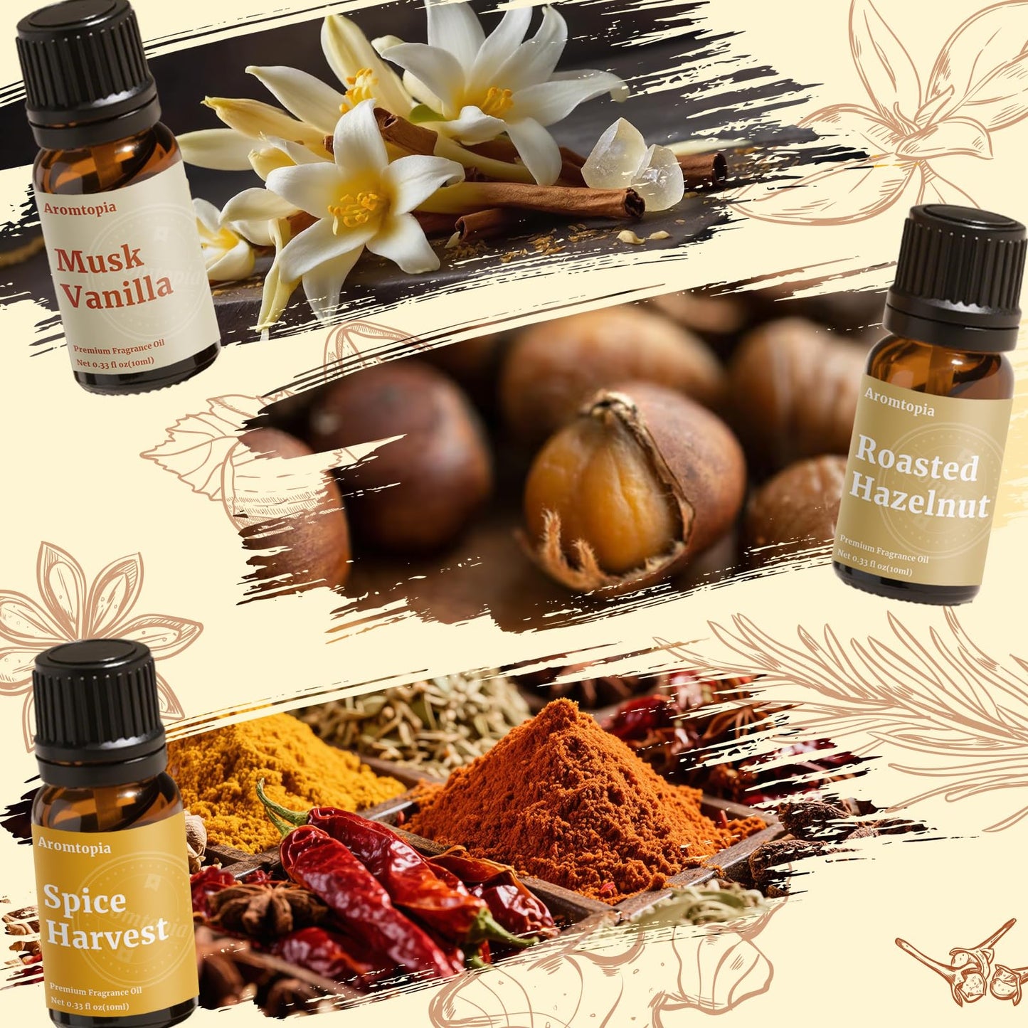 Diffuser Essential Oils – Aromtopia Fall Fragrance Oil Set (6x10ml) Pumpkin Pie, Musk Vanilla, Autumn Wildness