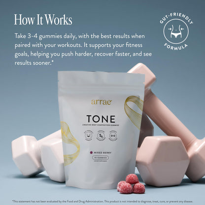Arrae Tone Gummies – Creatine Monohydrate 5g for Women | Lean Muscle, Recovery & Strength | Mixed Berry, 90 Count