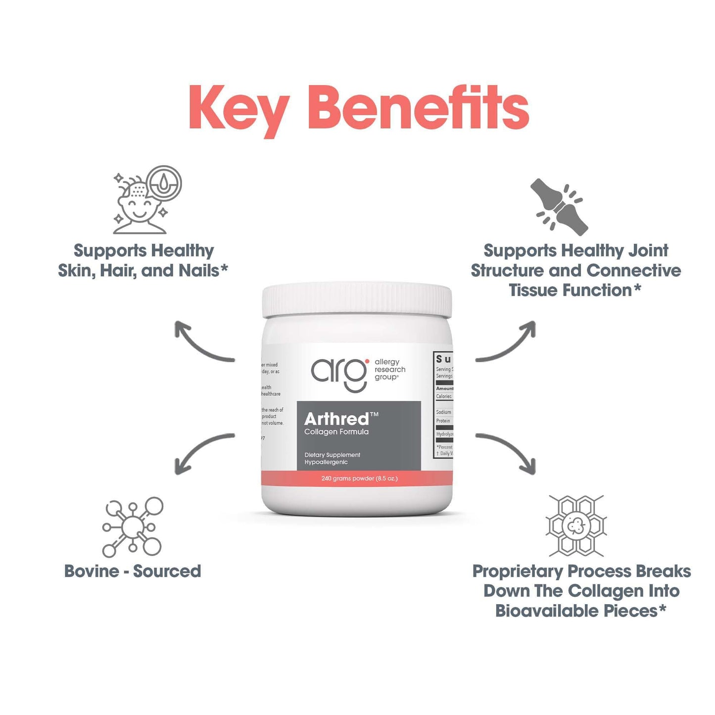 Allergy Research Group Arthred Collagen Powder – 10.5g Collagen Peptides, Bovine Sourced, 8.5 oz