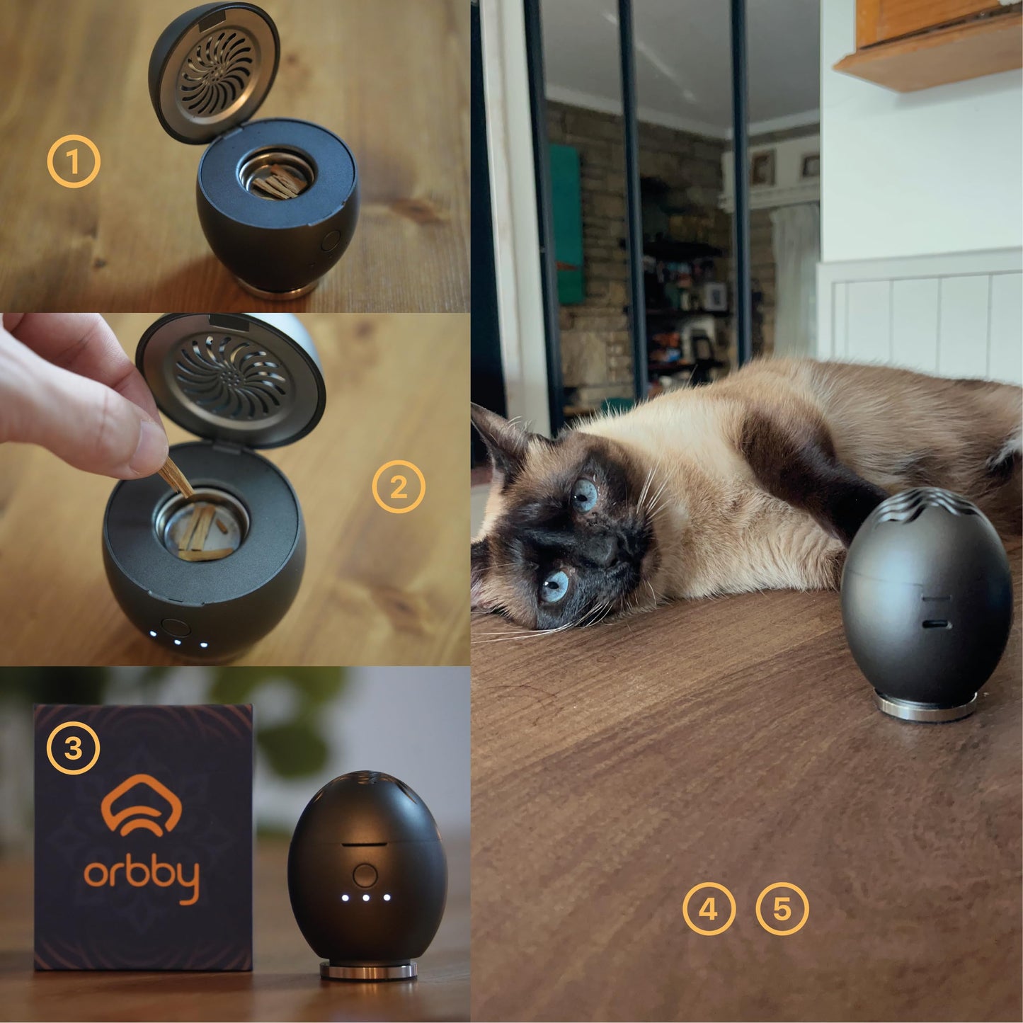 Orbby Scent Diffuser Starter Kit by Artronic — Flameless, Portable Desk Diffuser with Pellets (Gold)