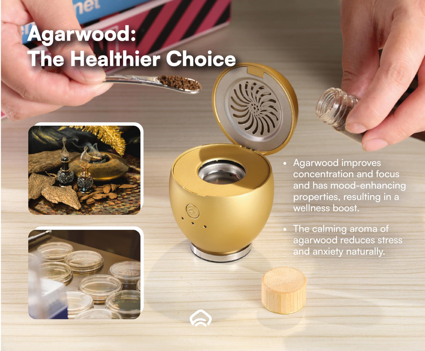 Orbby Scent Diffuser Starter Kit by Artronic — Flameless, Portable Desk Diffuser with Pellets (Gold)