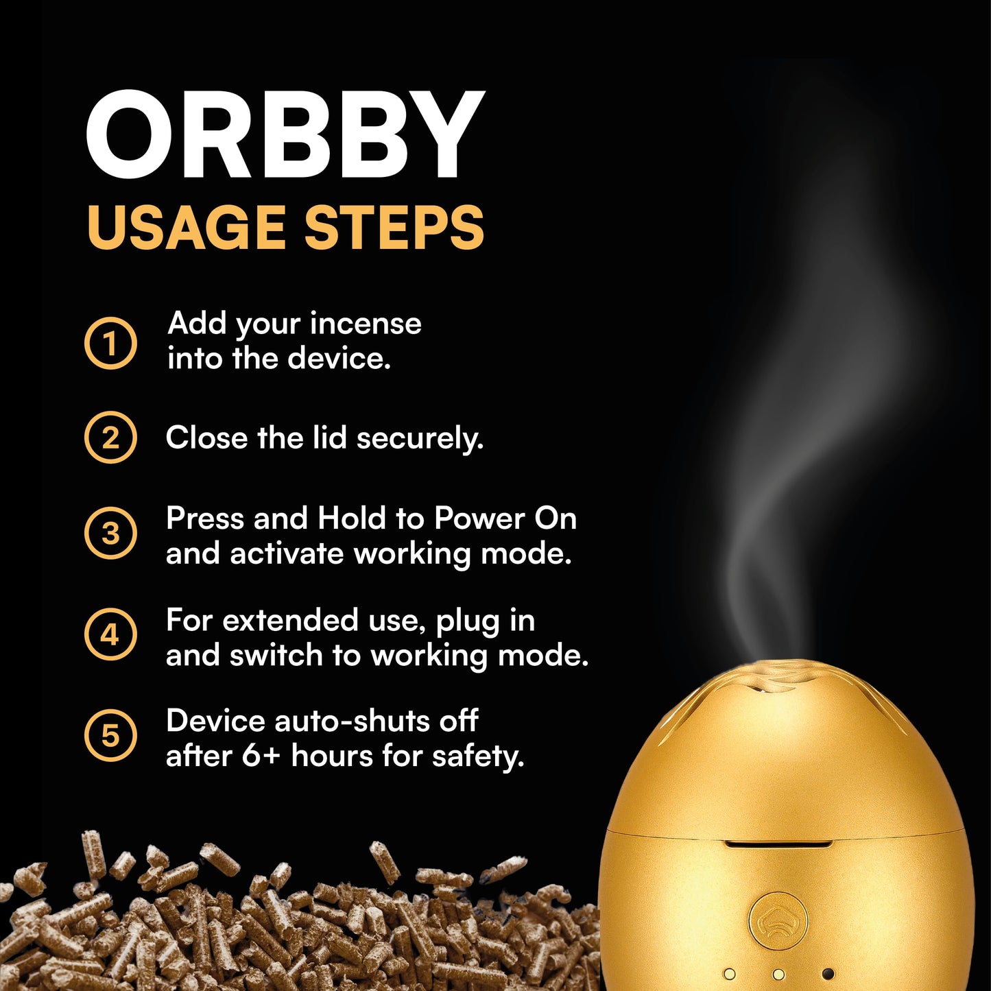 Orbby Scent Diffuser Starter Kit by Artronic — Flameless, Portable Desk Diffuser with Pellets (Gold)