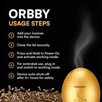 Orbby Scent Diffuser Starter Kit by Artronic — Flameless, Portable Desk Diffuser with Pellets (Gold)