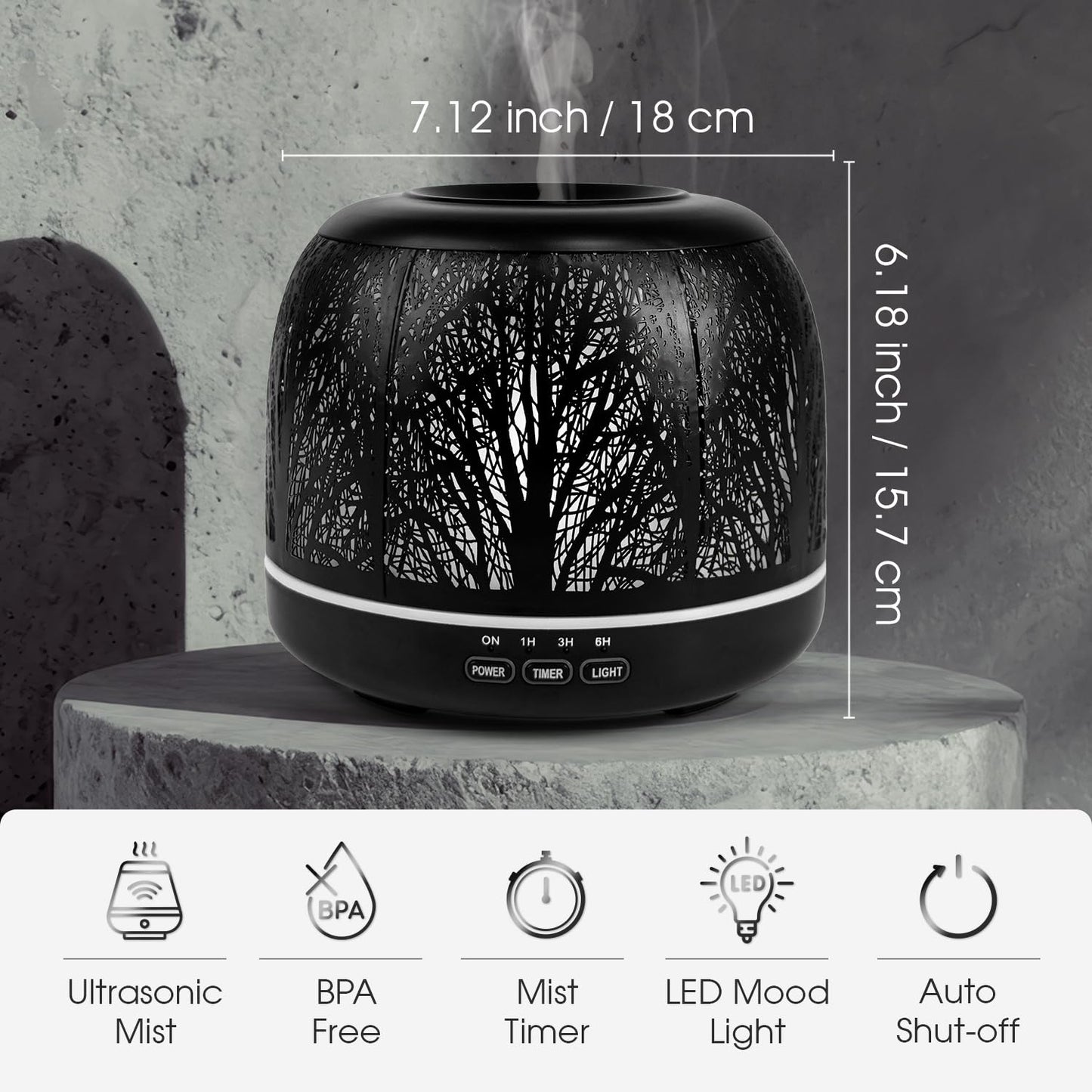ARVIDSSON 500ml Essential Oil Diffuser – Metal Diffuser for Large Rooms, 7-Color Mood Light, Auto Shut-Off, Timer, Gift for Women – Black Tree