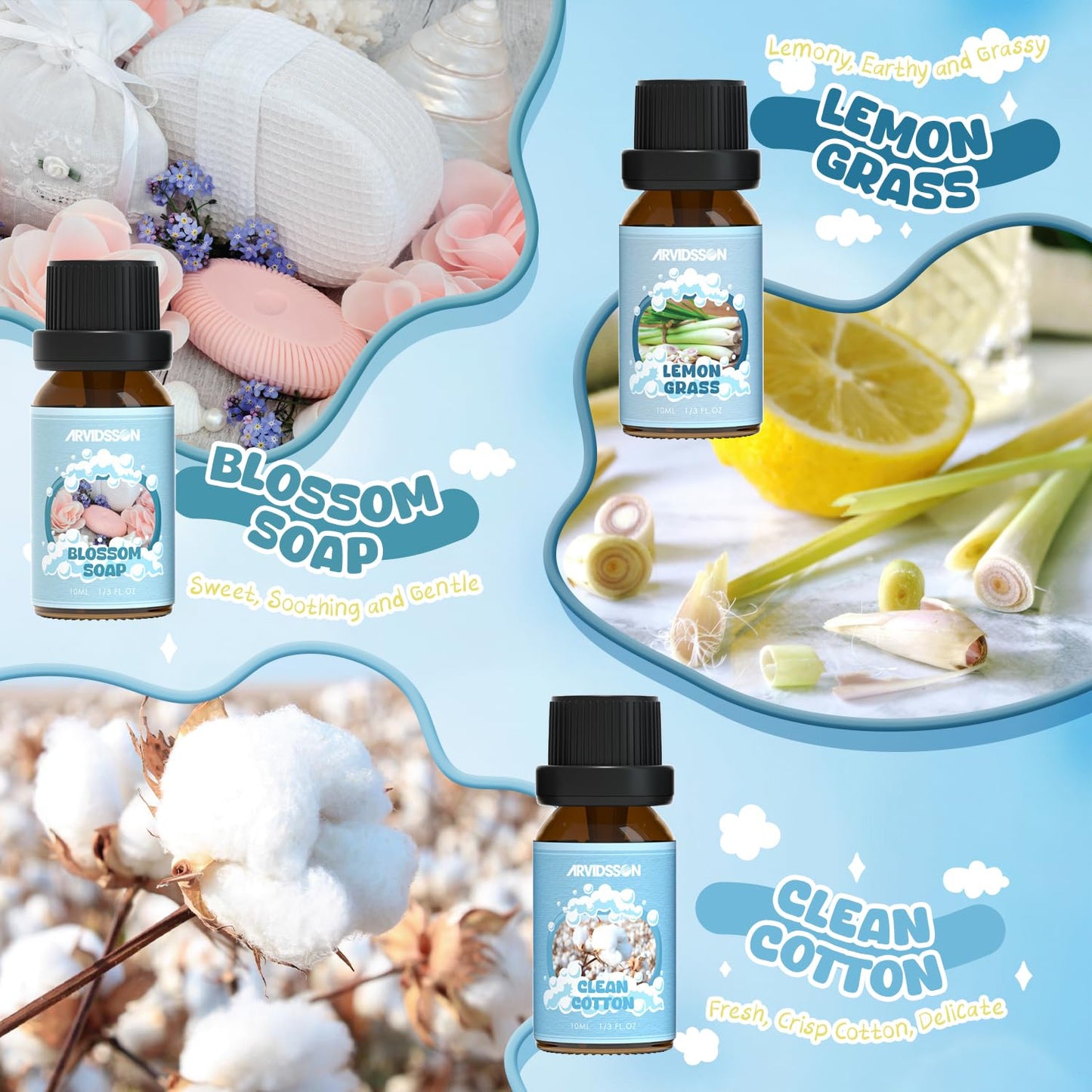 ARVIDSSON Clean Essential Oils Set – 6 x 10ml for Diffuser, Soap Making & Home Fragrance