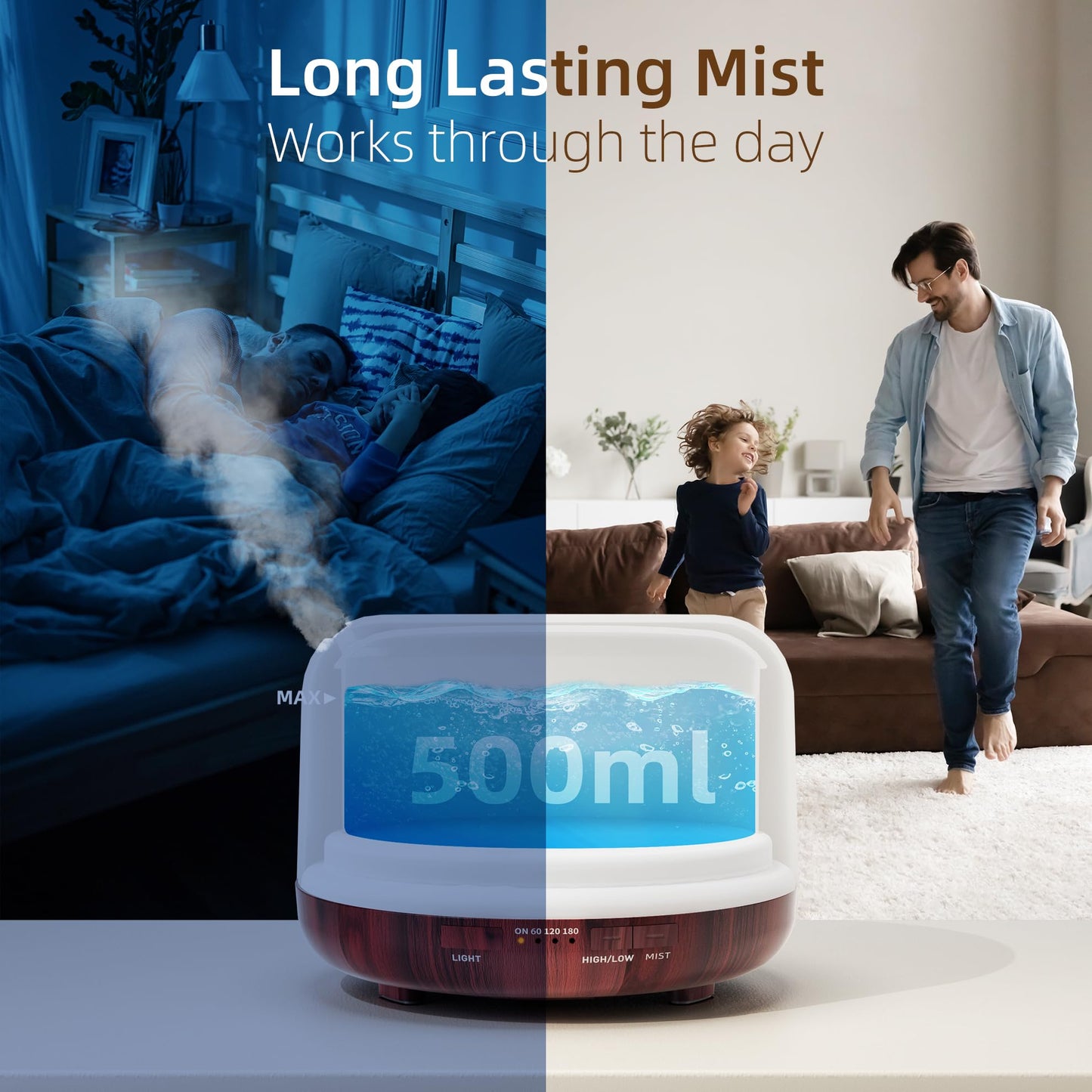 ASAKUKI 500ml Essential Oil Diffuser – Reddish-Brown, 7-Color LED, Auto-Off