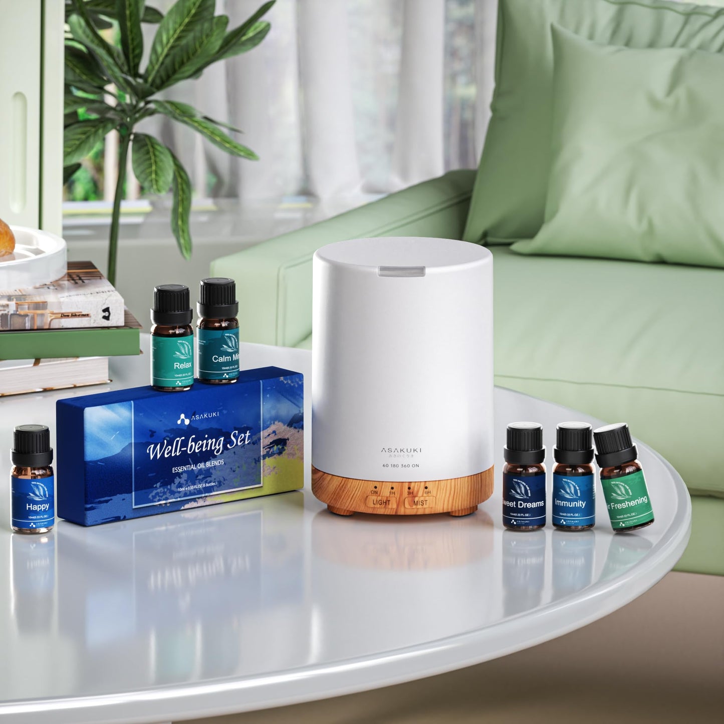 ASAKUKI Essential Oil Diffuser – 300ml Brown, 6 Oils, Auto-Off, 7 LED Colors