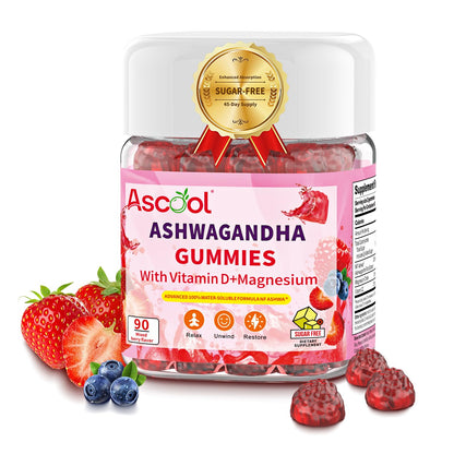 Ascool Sugar-Free Vegan Ashwagandha Gummies – Water-Soluble Root Extract + Vitamin D & Magnesium
