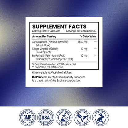 Research Verified Ashwagandha 1500mg Maximum Strength with Bioperine & Ginger Root – 60 Vegan Capsules