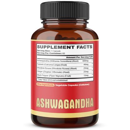 2 Packs – 60 Capsules Each: Ashwagandha 5-in-1 Formula with Turmeric, Rhodiola, Ginger & Black Pepper | 4 Month Supply