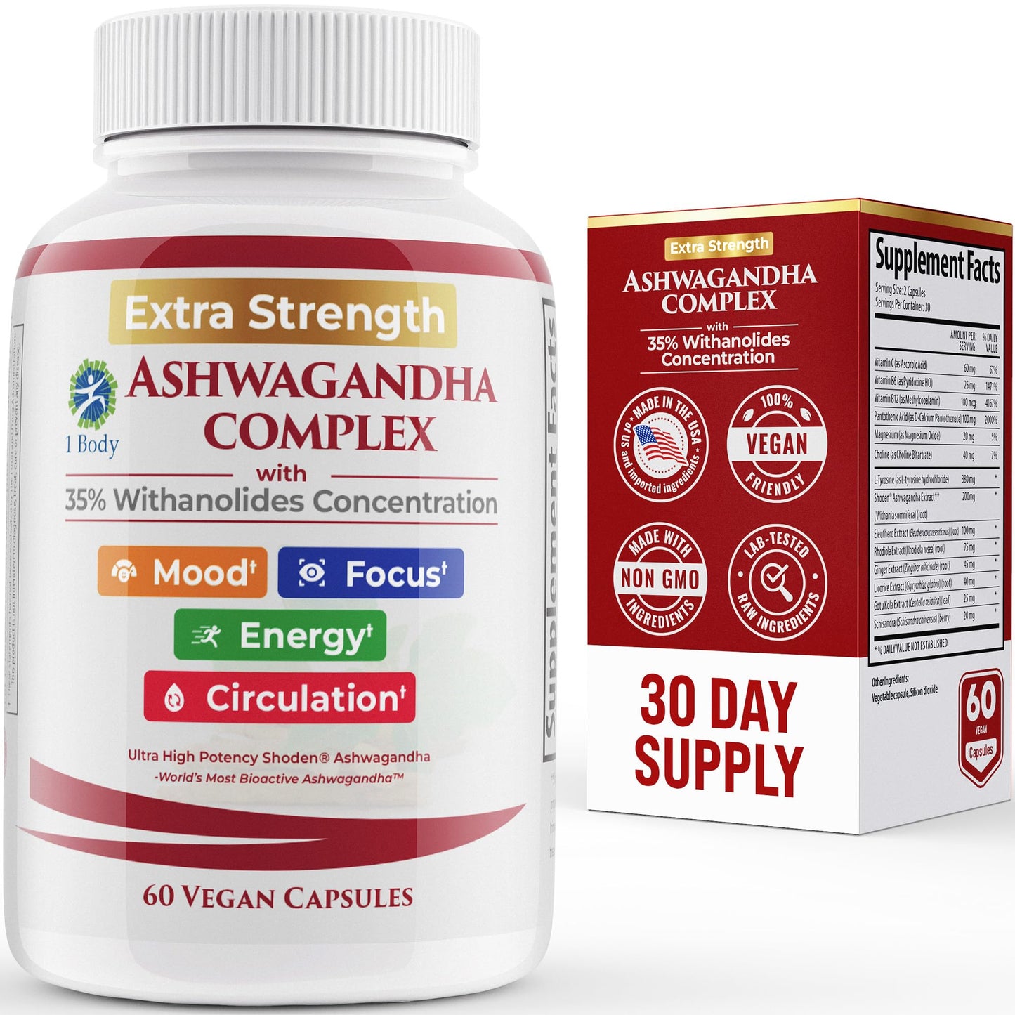 100% Natural Shoden Ashwagandha Complex Supplement - Ultra High Potency 35:1 Concentrated Root Extract for Sleep & Energy Support - Vegan, Non-GMO - 60 Ashwagandha Capsules