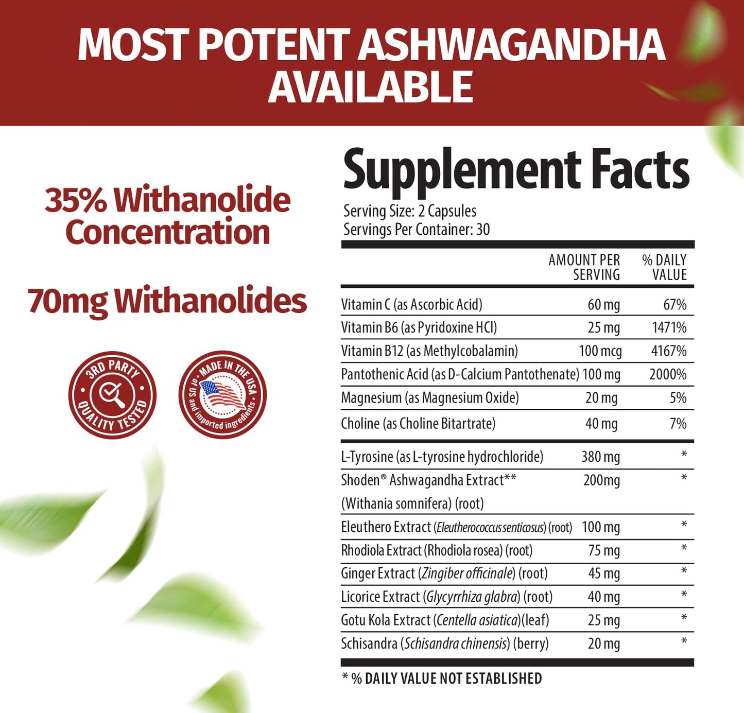 100% Natural Shoden Ashwagandha Complex Supplement - Ultra High Potency 35:1 Concentrated Root Extract for Sleep & Energy Support - Vegan, Non-GMO - 60 Ashwagandha Capsules