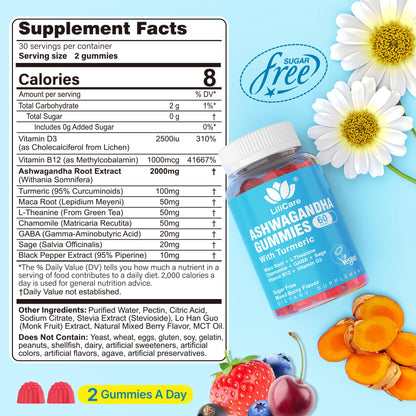 Ashwagandha Gummies 2000mg – Sugar Free, Vegan, Organic | D3, B12, Turmeric – Mixed Berry, 120 Count