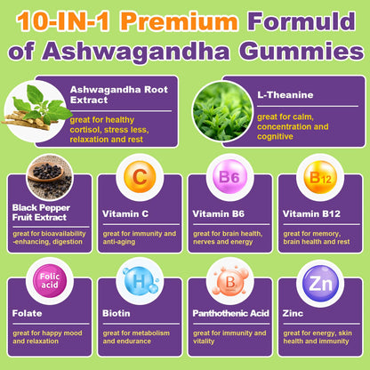 Ashwagandha Gummies - 10 in 1 Organic Ashwaganda Gummies for Women & Men, with L Theanine, Vitamin B6, Black Pepper for Relaxation*, Cognitive, Immune, Zzz, Cortisol, Vegan, Berry Flavor - 60 Count