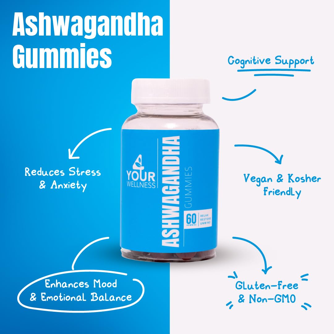 4 Your Wellness Ashwagandha Gummies – Mixed Berry, KSM-66, Lion's Mane, Vitamin D, 120 Count (Pack of 2)