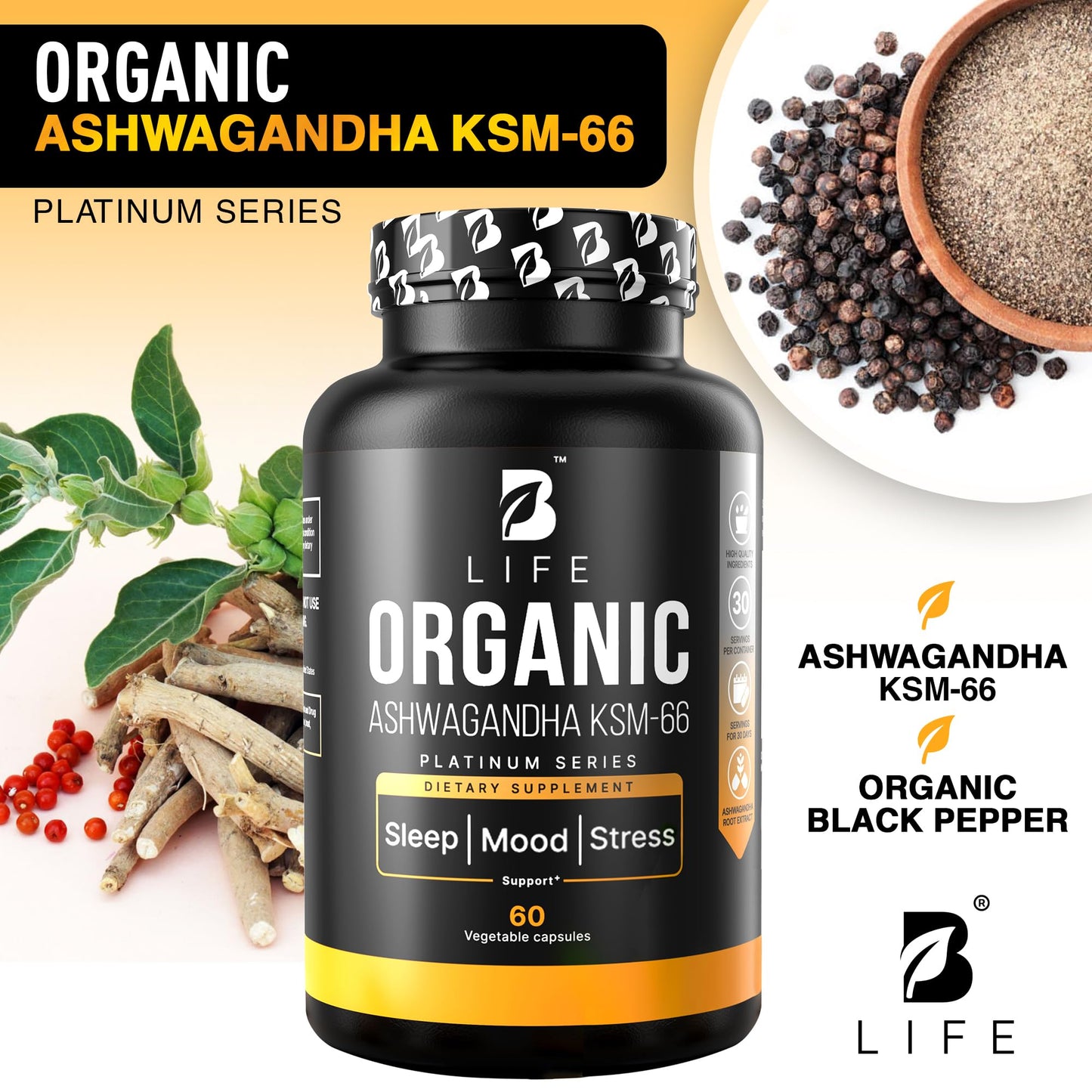 Organic Ashwagandha KSM-66 1000 mg Supplement | Adaptogen for Cortisol Support & Stress Relief | Mood, Calm & Sleep Aid for Men & Women | Ashwagandha ritual vitamins for women | 60 Vegan Caps
