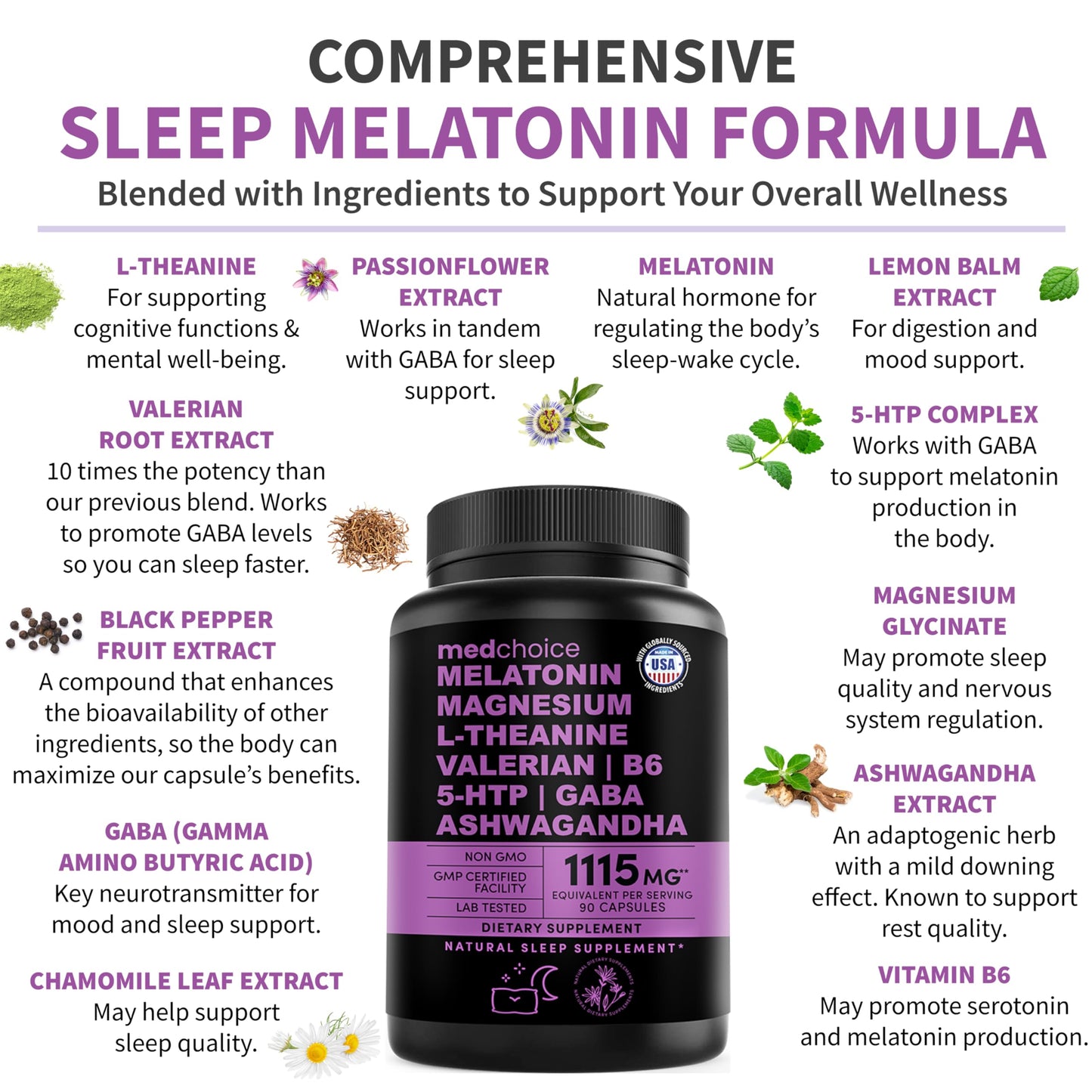 12-in-1 Melatonin Sleep Capsules – Sleep Aid with 5mg Melatonin + 500mg Magnesium Glycinate (90ct)